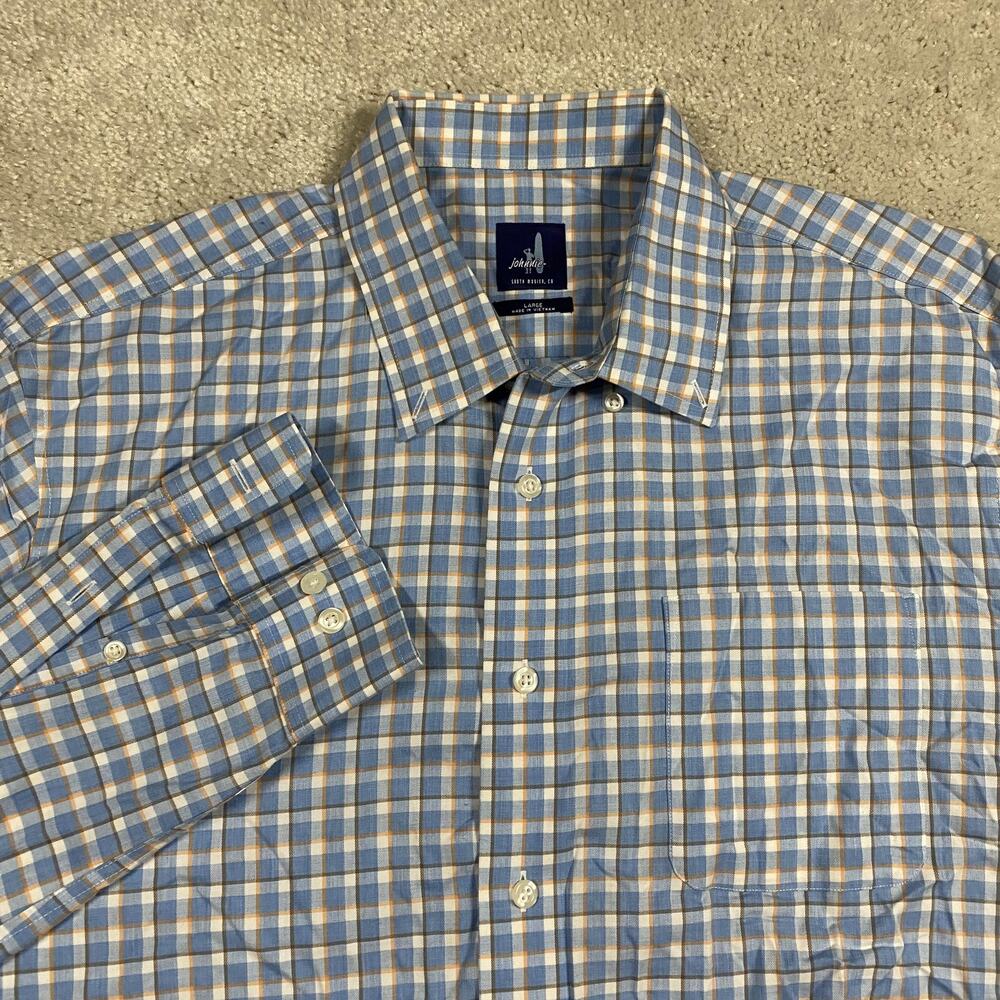 Johnnie-O Shirt Mens L Blue Check Long Sleeve Button Up Stretch Cotton Casual